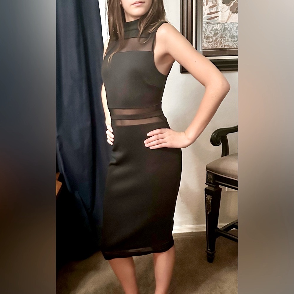 Marciano Sleeveless Mock Neck Illusion Dress Hugs Your Body & Hits Below Knees